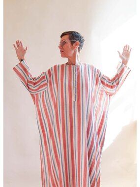 Pietsie Tunis Caftan Fez Stripe Red Blue Wh Cotton Oversized One Size Fits Most